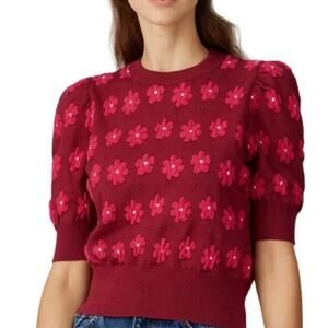 Kate Spade Dark Pink Flowers/Hearts Pattern Crewneck Puff Sleeve Sweater Size XL